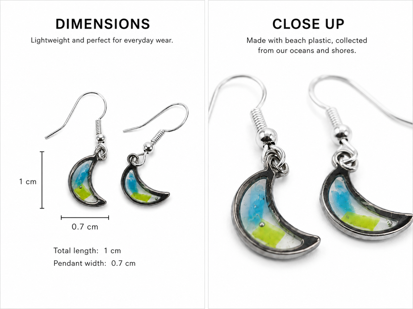 Beach-Cleaned Moon Charm Dangle Earrings | Handmade Sustainable Jewellery