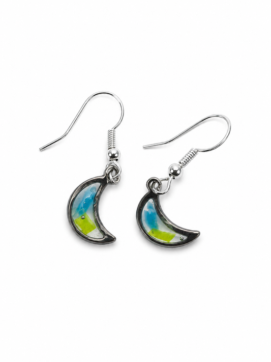 Beach-Cleaned Moon Charm Dangle Earrings | Handmade Sustainable Jewellery