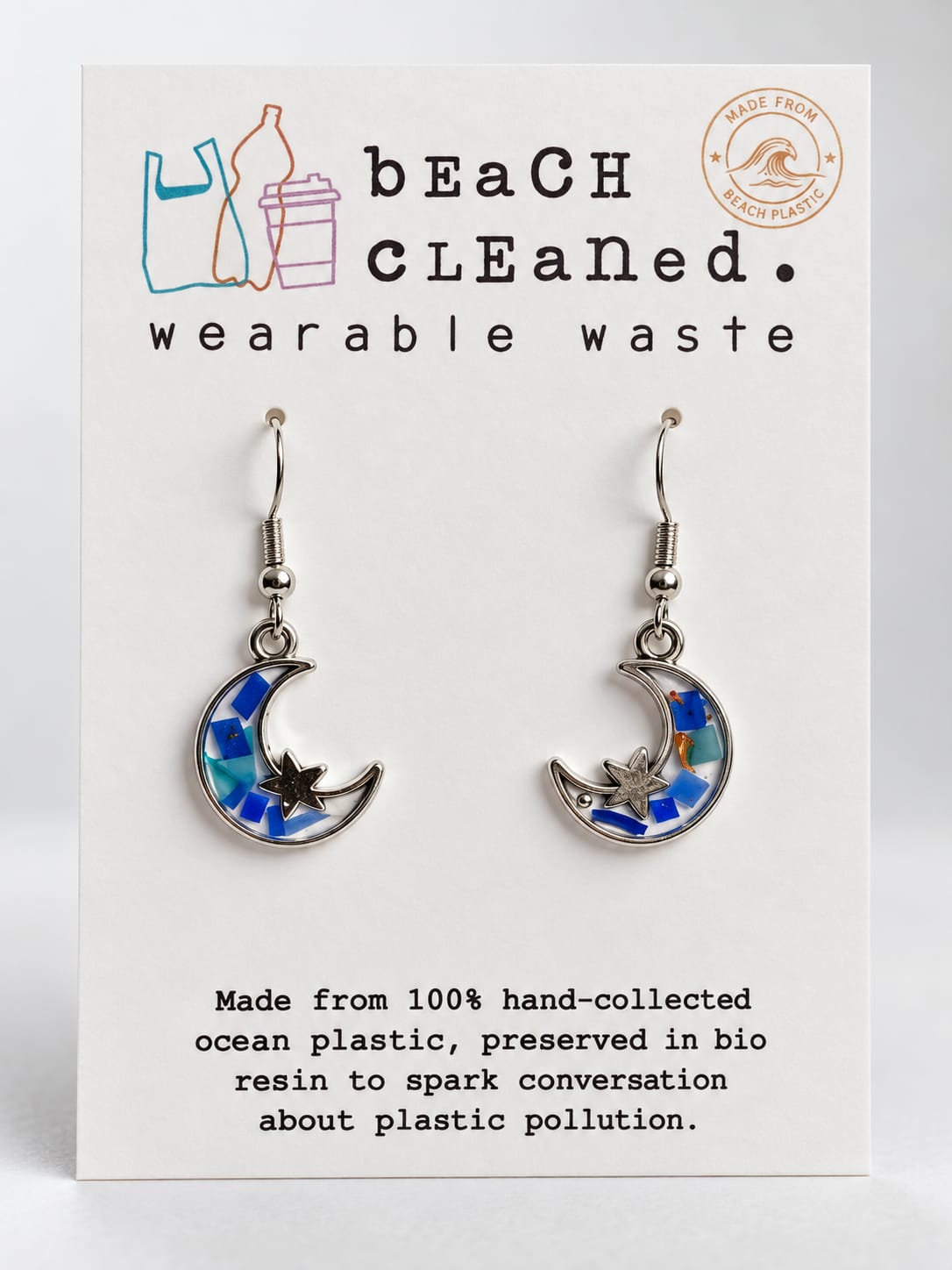 Beach-Cleaned Moon & Star Dangle Earrings | Handmade Jewellery