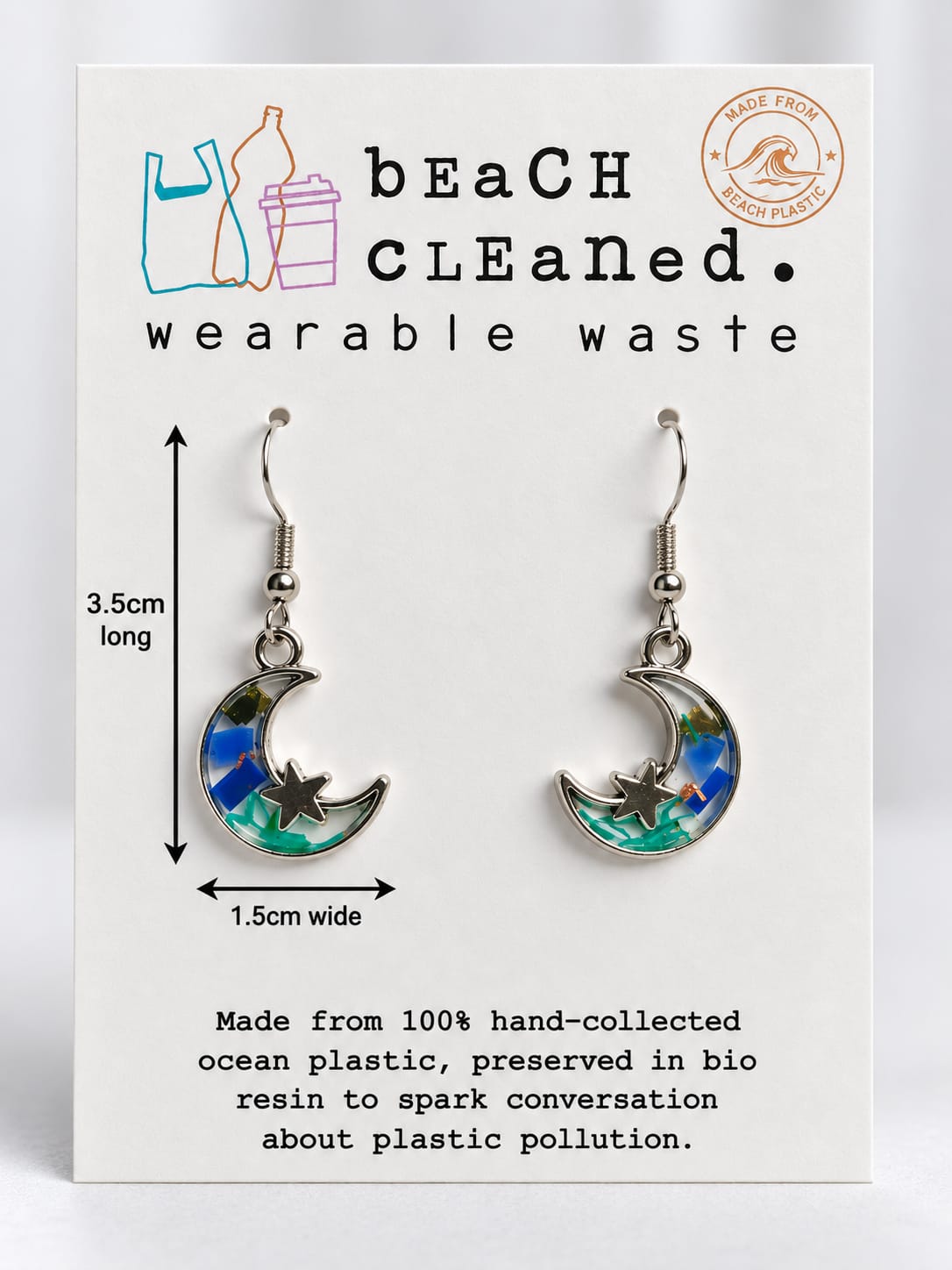 Beach-Cleaned Moon & Star Dangle Earrings | Handmade Jewellery