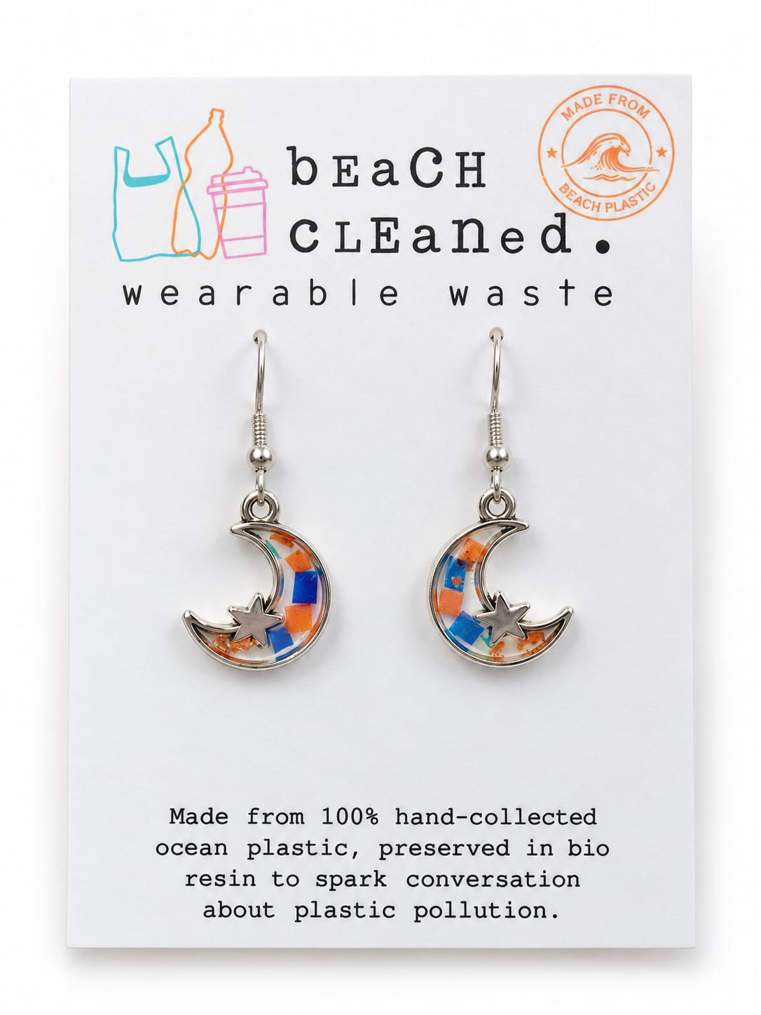 Beach-Cleaned Moon & Star Dangle Earrings | Handmade Jewellery