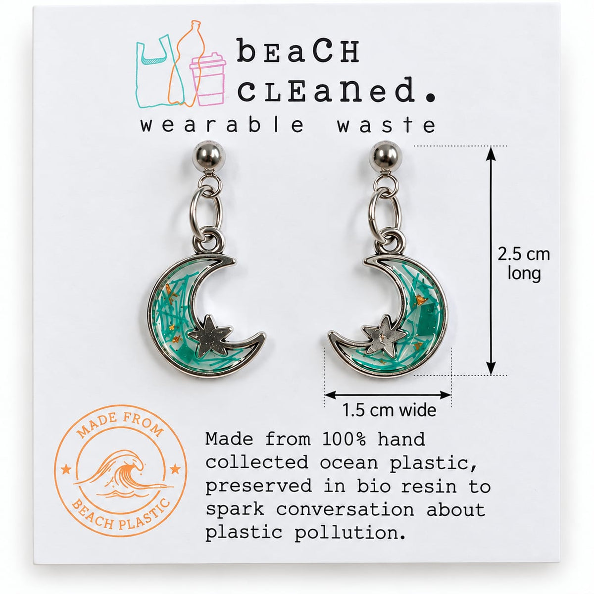 Beach-Cleaned Moon & Star Stud Earrings | Handmade Sustainable Jewellery