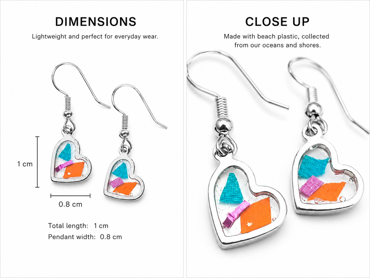 Beach-Cleaned Heart Charm Dangle Earrings | Handmade Sustainable Jewellery