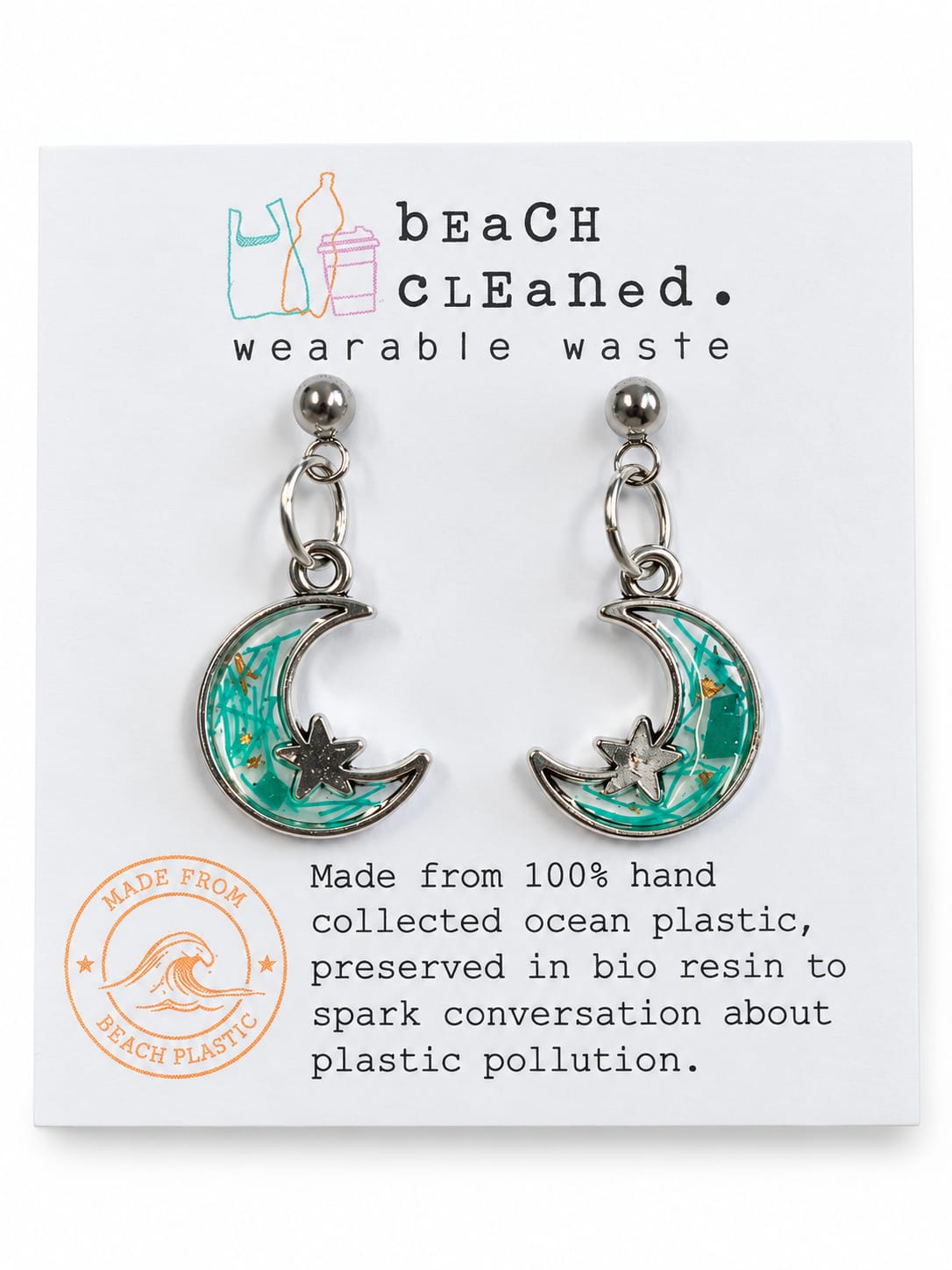 Beach-Cleaned Moon & Star Stud Earrings | Handmade Sustainable Jewellery