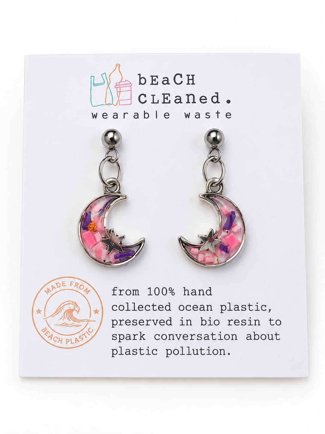 Beach-Cleaned Moon & Star Stud Earrings | Handmade Sustainable Jewellery