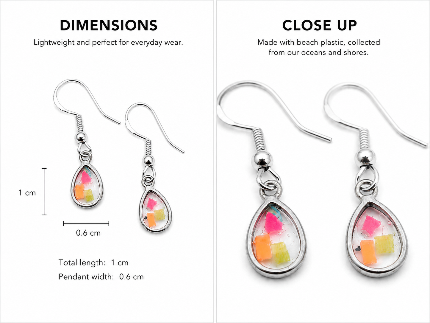 Beach-Cleaned Teardrop Charm Dangle Earrings | Handmade Sustainable Jewellery